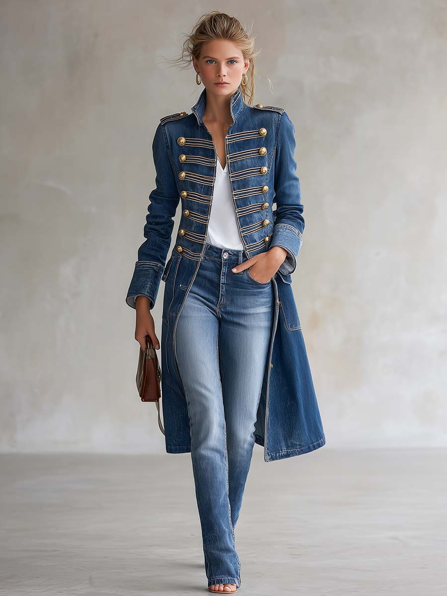 Fitted Denim Military Coat with Gold Buttons