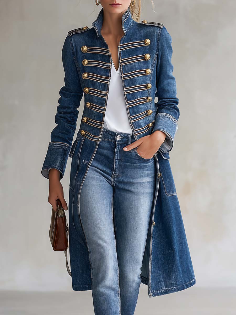 Fitted Denim Military Coat with Gold Buttons
