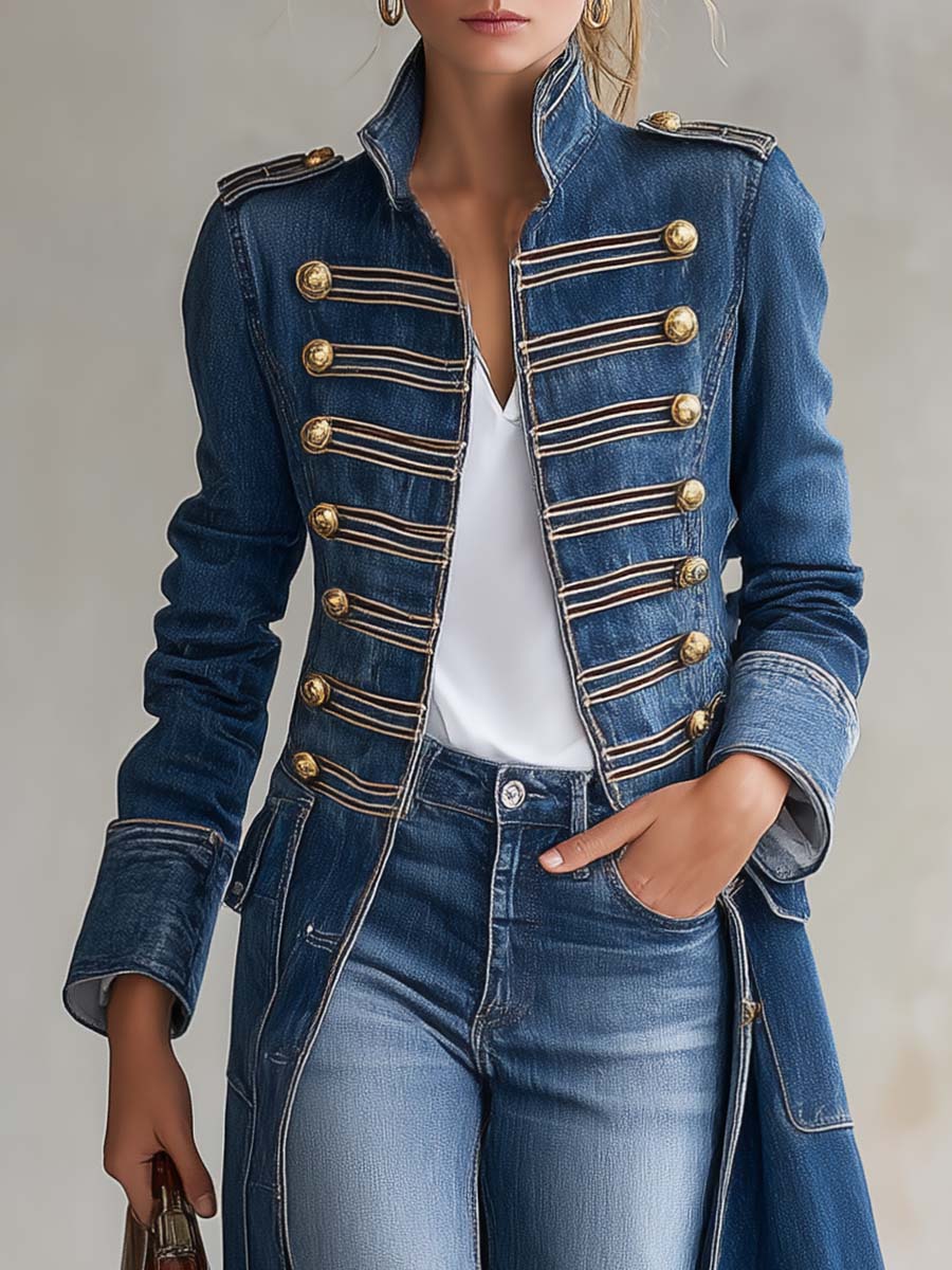 Fitted Denim Military Coat with Gold Buttons