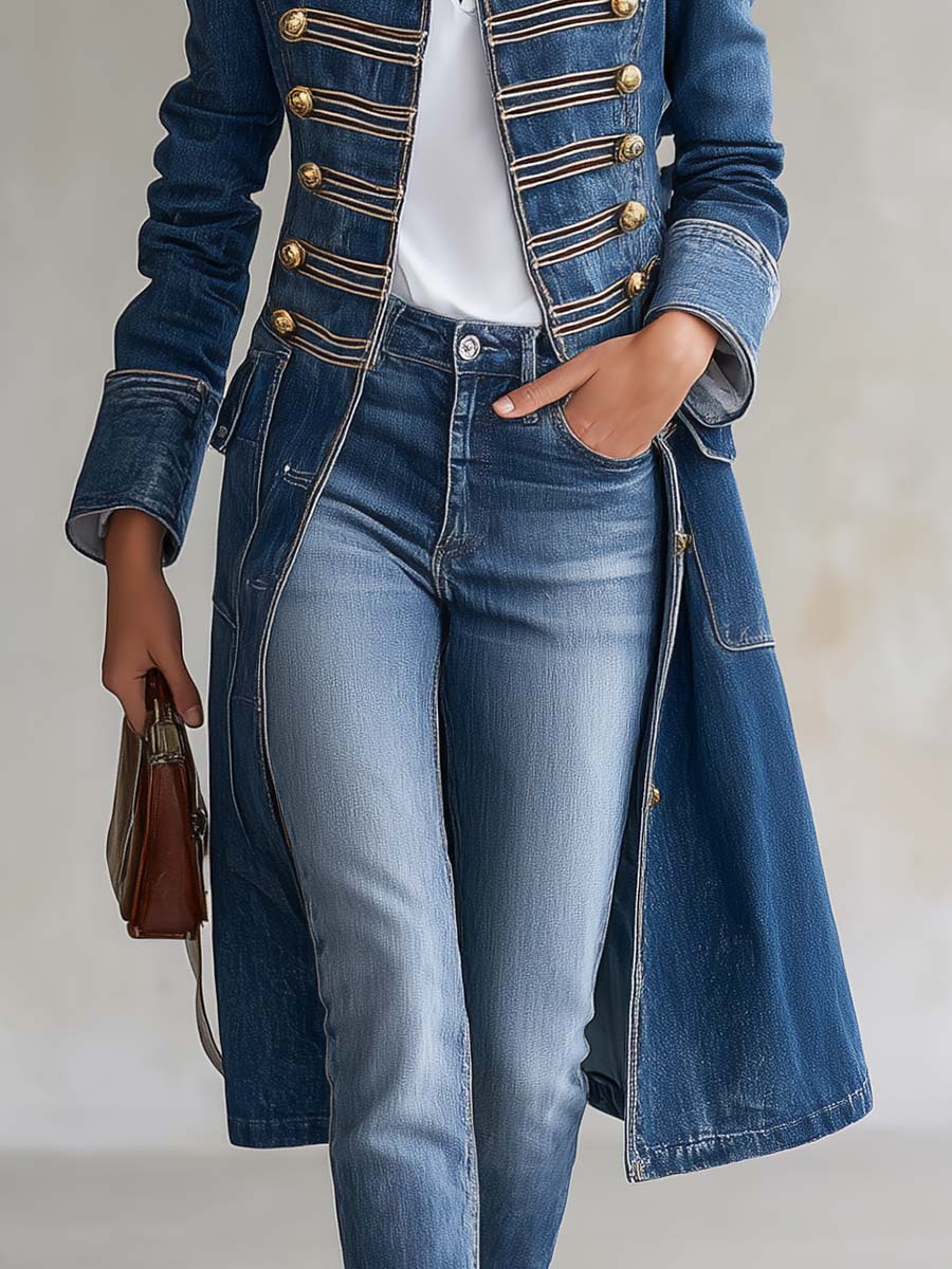 Fitted Denim Military Coat with Gold Buttons