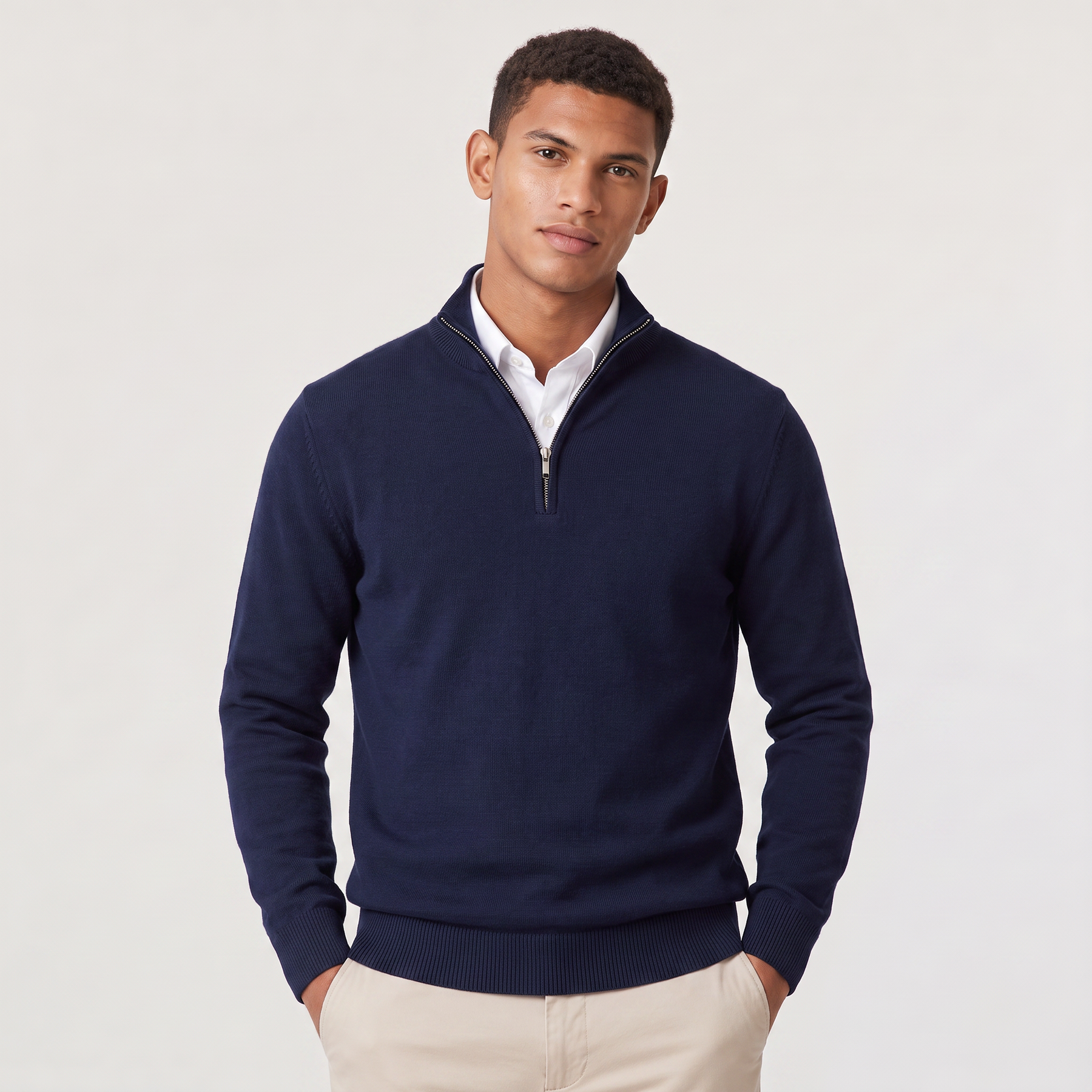 Men's Quarter Zip Sweater Knitted Stand Collar Long Sleeve Casual Autumn Layering Top