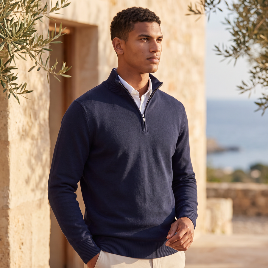 Men's Quarter Zip Sweater Knitted Stand Collar Long Sleeve Casual Autumn Layering Top