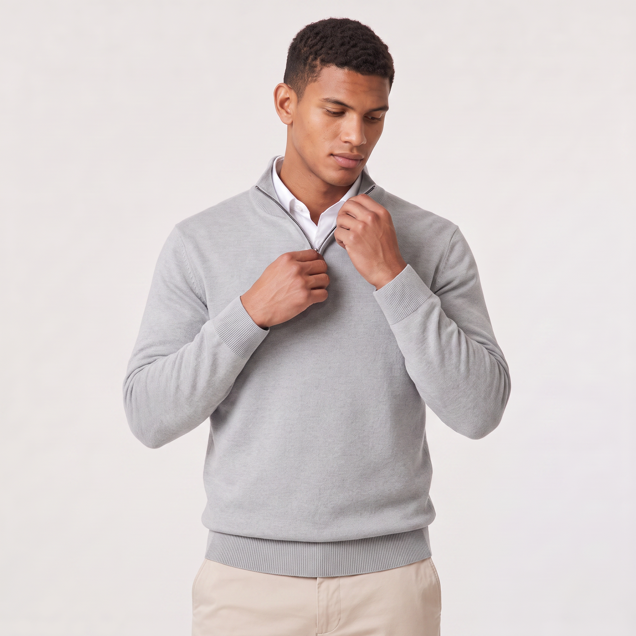 Men's Quarter Zip Sweater Knitted Stand Collar Long Sleeve Casual Autumn Layering Top