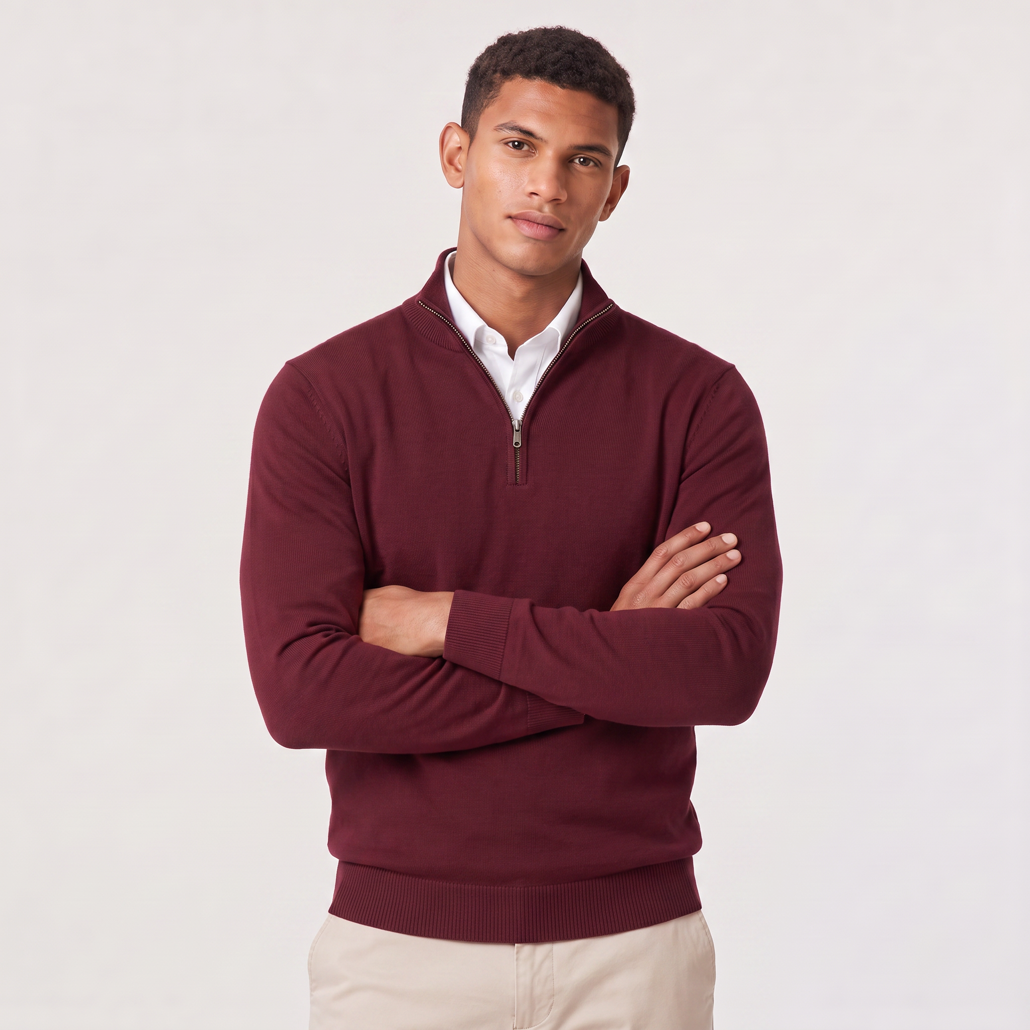 Men's Quarter Zip Sweater Knitted Stand Collar Long Sleeve Casual Autumn Layering Top