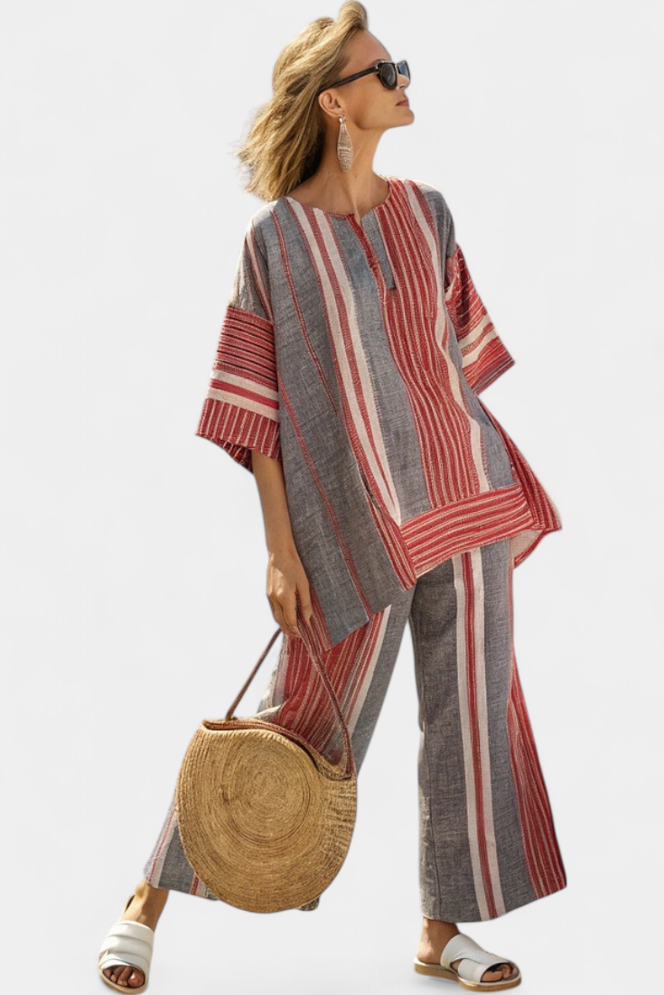 Bravine | Elegant Coral-Grey Linen Top & Wide-Leg Trousers