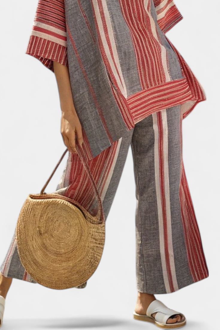 Bravine | Elegant Coral-Grey Linen Top & Wide-Leg Trousers