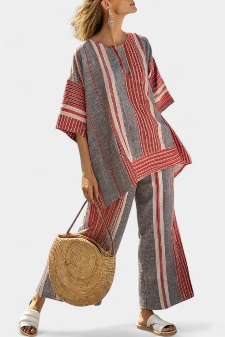 Bravine | Elegant Coral-Grey Linen Top & Wide-Leg Trousers