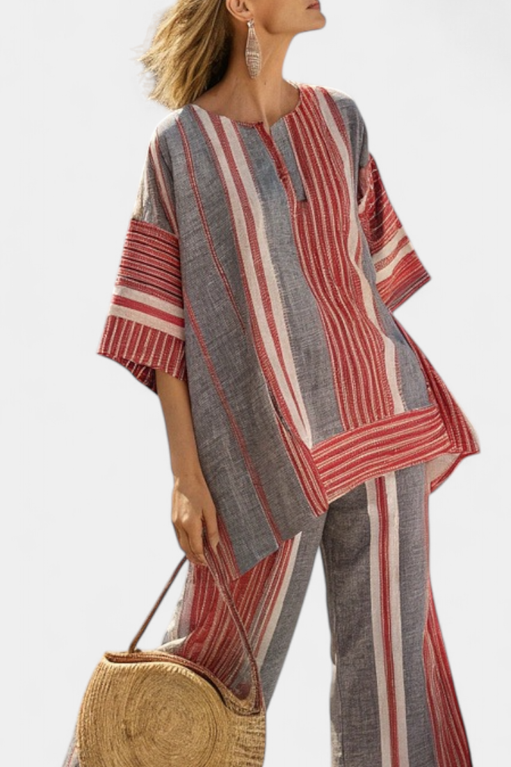 Bravine | Elegant Coral-Grey Linen Top & Wide-Leg Trousers