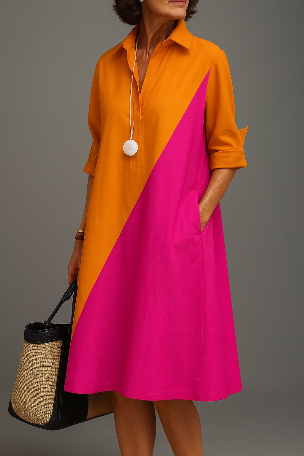 Isabella | Midi Dress Diagonal Colourblock Cotton Collared V-Neck