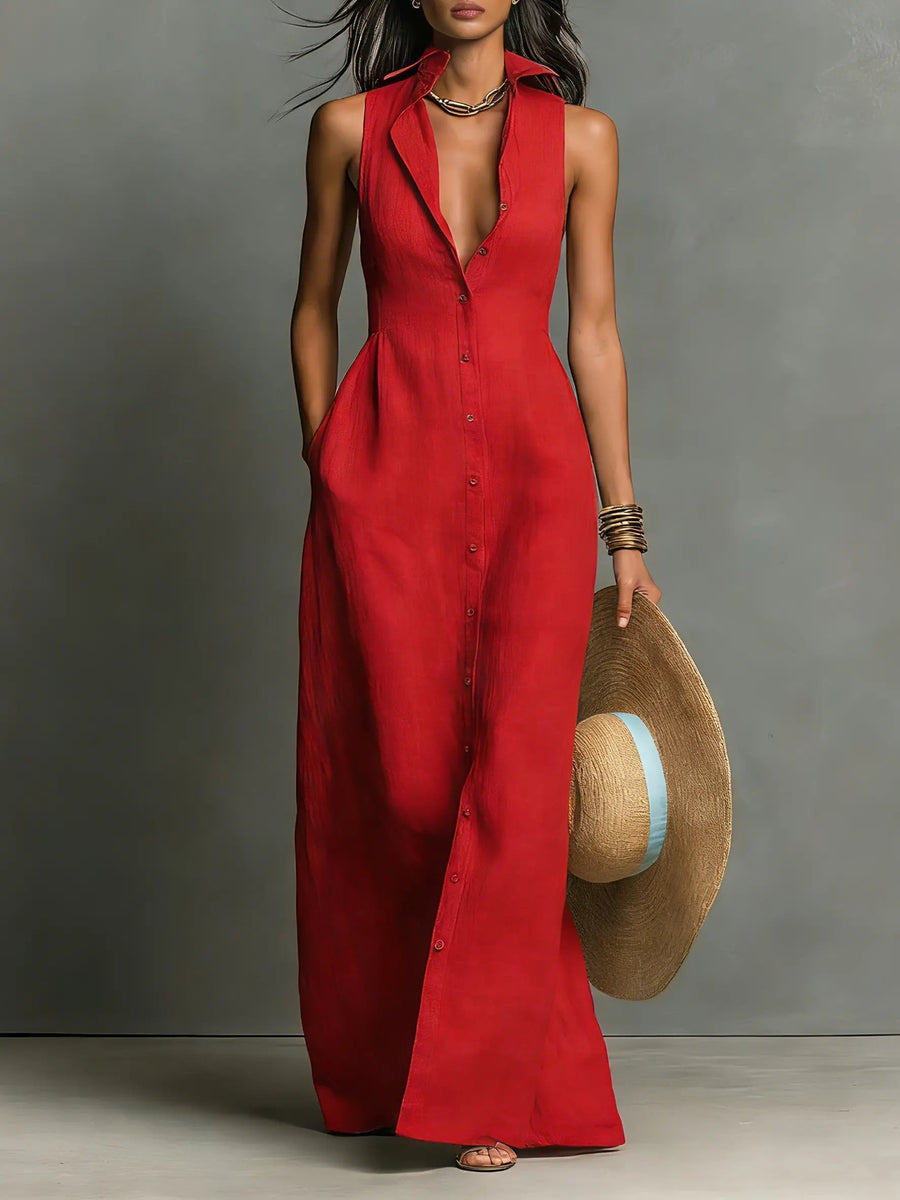 Penelope | Women's Sleeveless Collared Linen Button-Front Maxi Dress